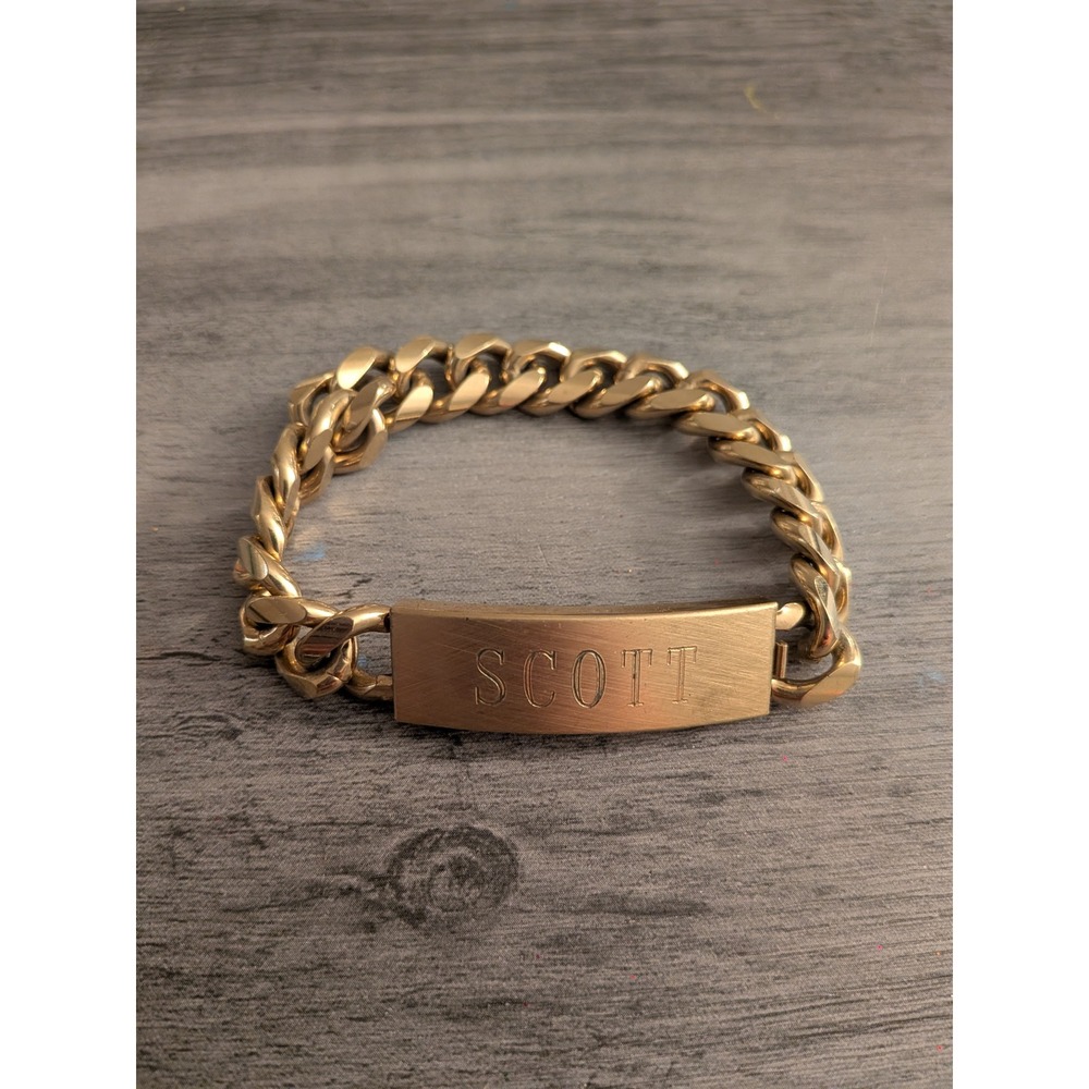 Speidel USA Mensโ Gold Tone Curb Chain ID Bracelet Engraved Scott Vintage Style